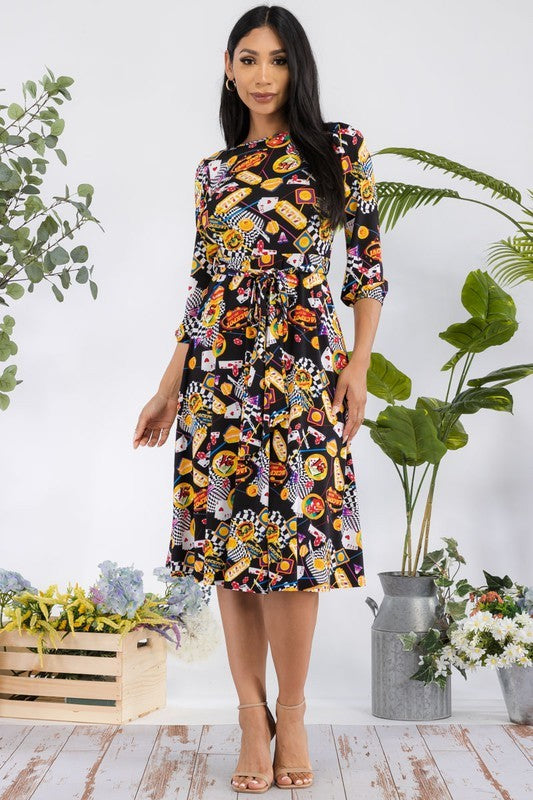 HH583R-S1-CH - Chain Multi Midi Tie-Up Dress with Midi Sleeves