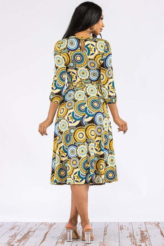HH583R-S-CH - Chain Multi Midi Tie-Up Dress with Midi Sleeves