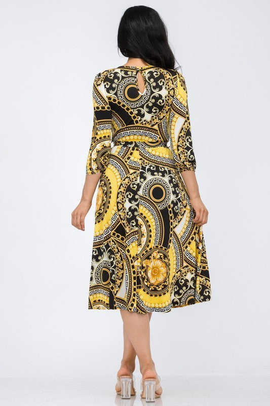 HH583R-S-CH - Chain Multi Midi Tie-Up Dress with Midi Sleeves