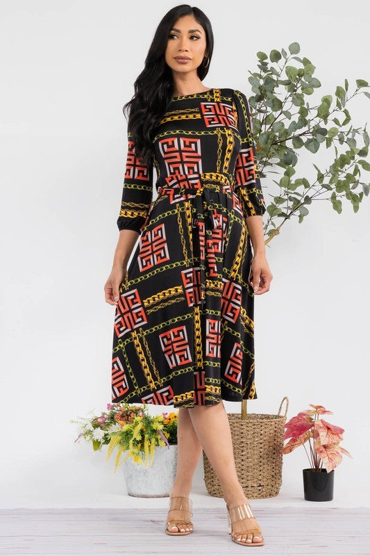 HH583R-S-CH - Chain Multi Midi Tie-Up Dress with Midi Sleeves