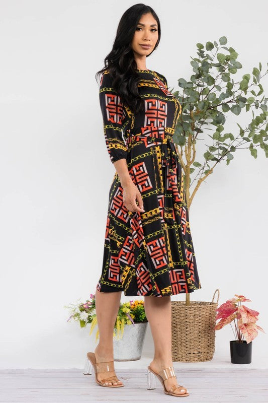 HH583R-S-CH - Chain Multi Midi Tie-Up Dress with Midi Sleeves