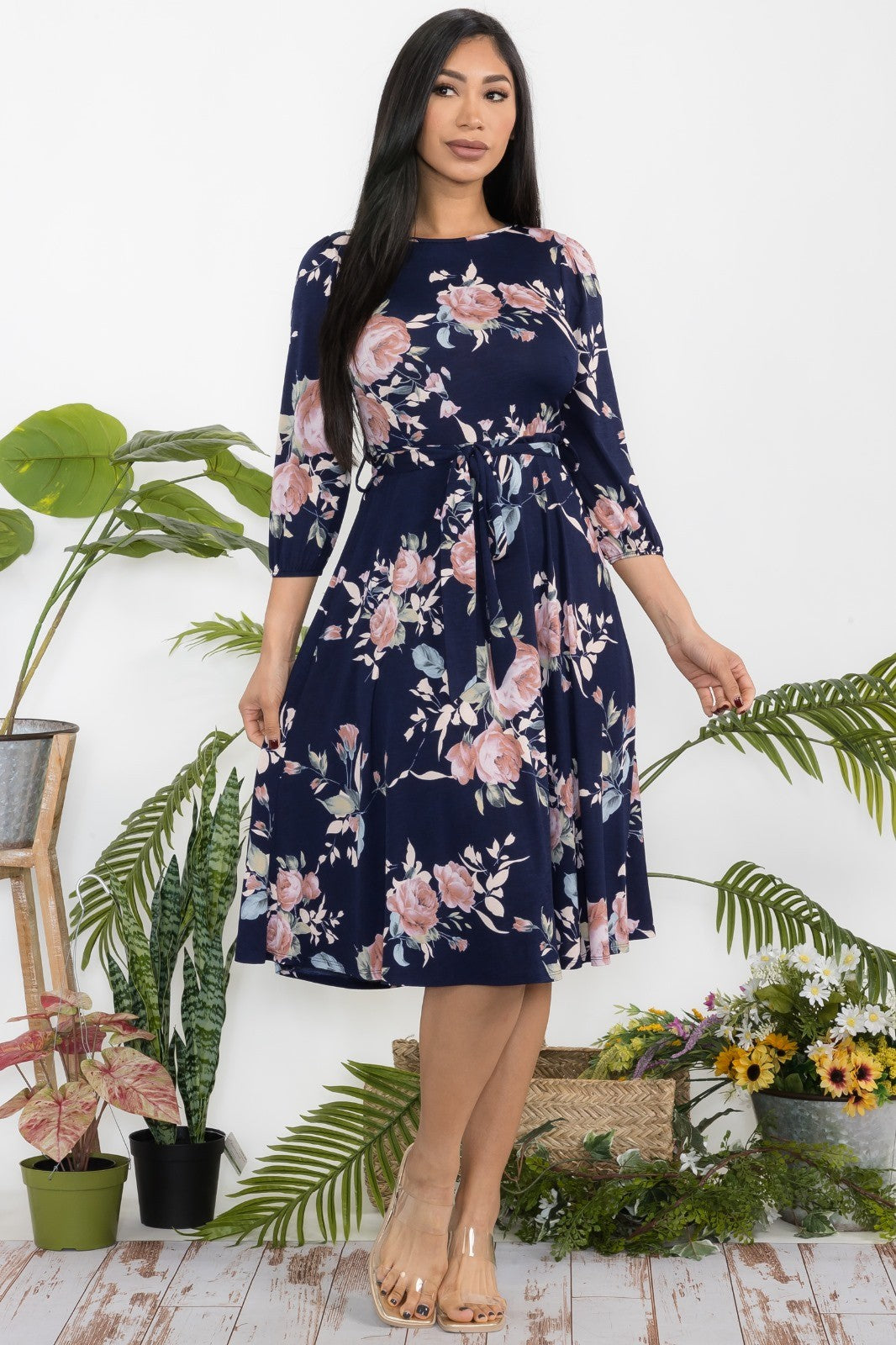 HH583X1-P-FL Plus Size Floral Midi Tie-Up Dress Midi Sleeves