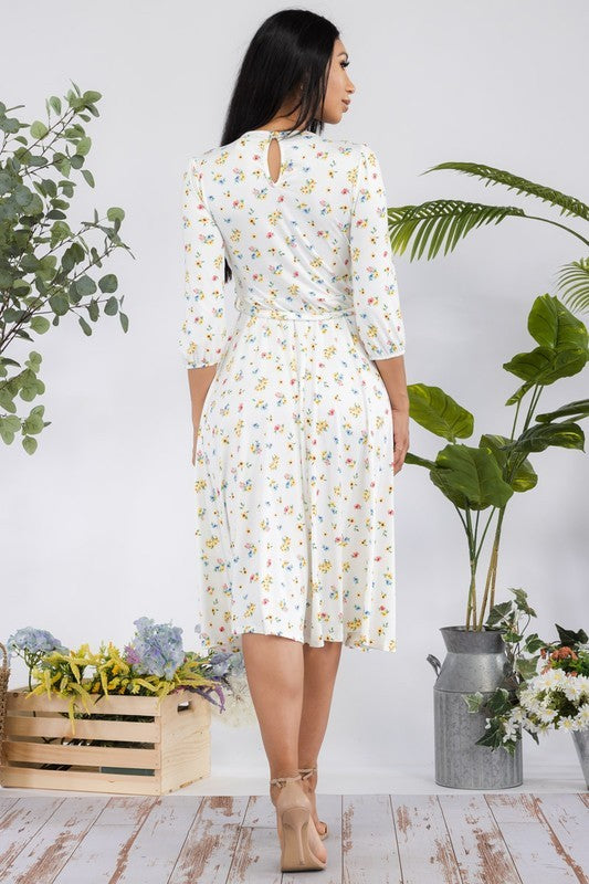 HH583X-P-DTY - Plus Size Floral Midi Tie-Up Dress Midi Sleeves
