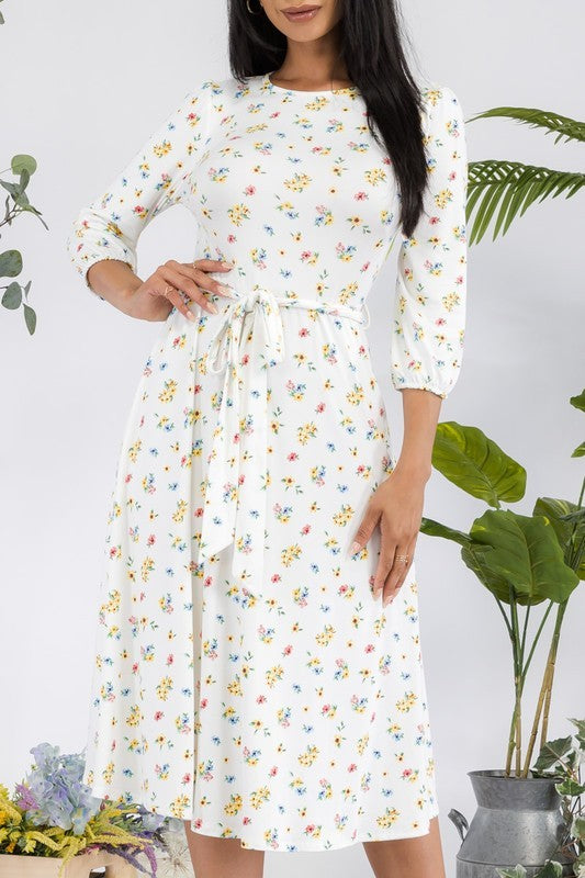 HH583X-P-DTY - Plus Size Floral Midi Tie-Up Dress Midi Sleeves
