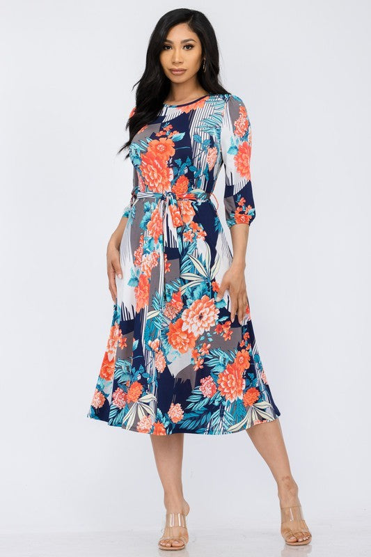 HH583R1-P-FL - Floral Midi Tie-Up Dress Midi Sleeves