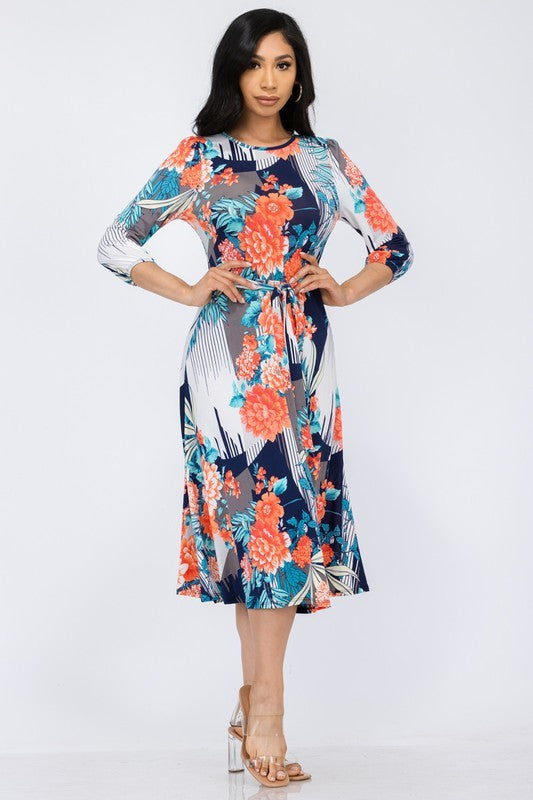HH583R1-P-FL - Floral Midi Tie-Up Dress Midi Sleeves