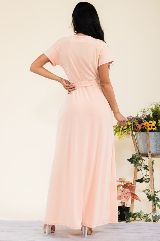 SAN149BR-S - Faux Wrap Maxi Dress