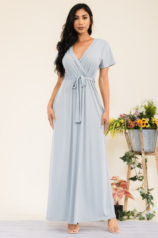 SAN149BR-S - Faux Wrap Maxi Dress