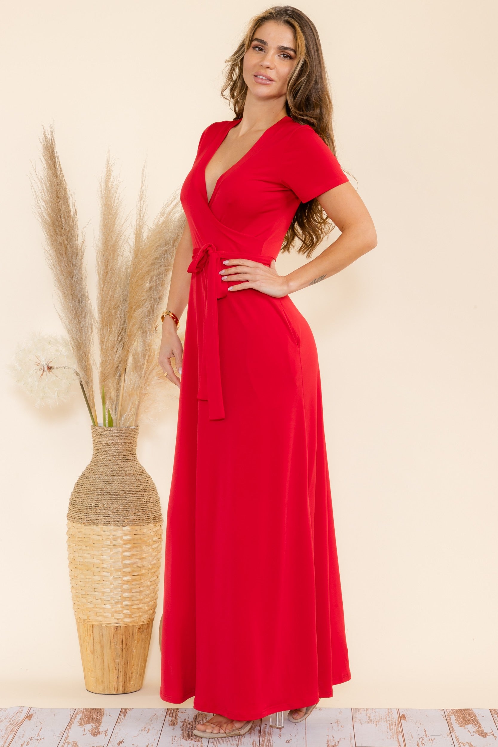 SAN149BR-S - Faux Wrap Maxi Dress