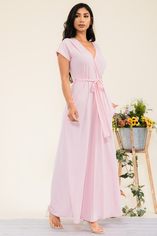 SAN149BR-S - Faux Wrap Maxi Dress