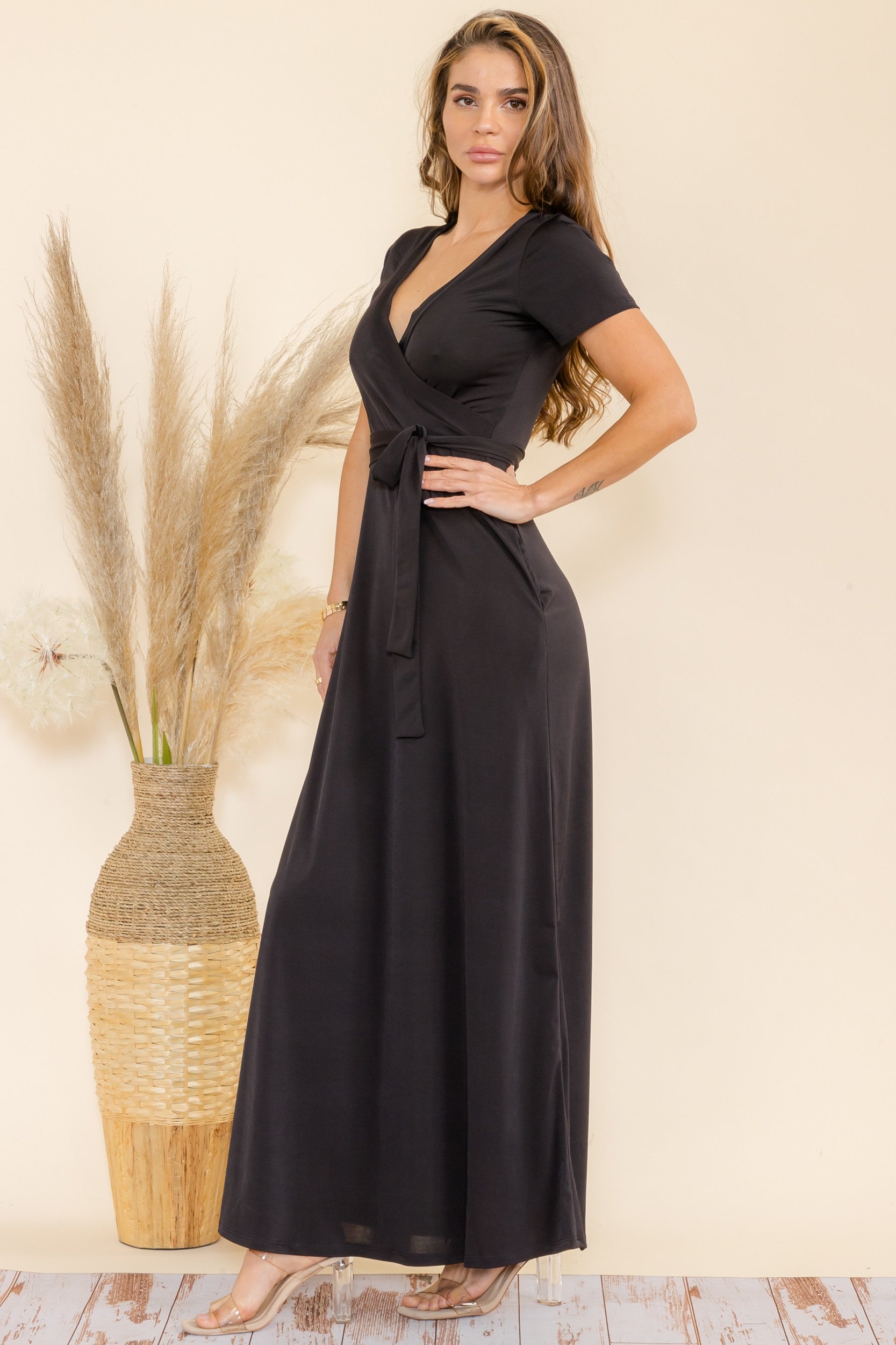 SAN149BX-S - Plus Faux Wrap Maxi Dress