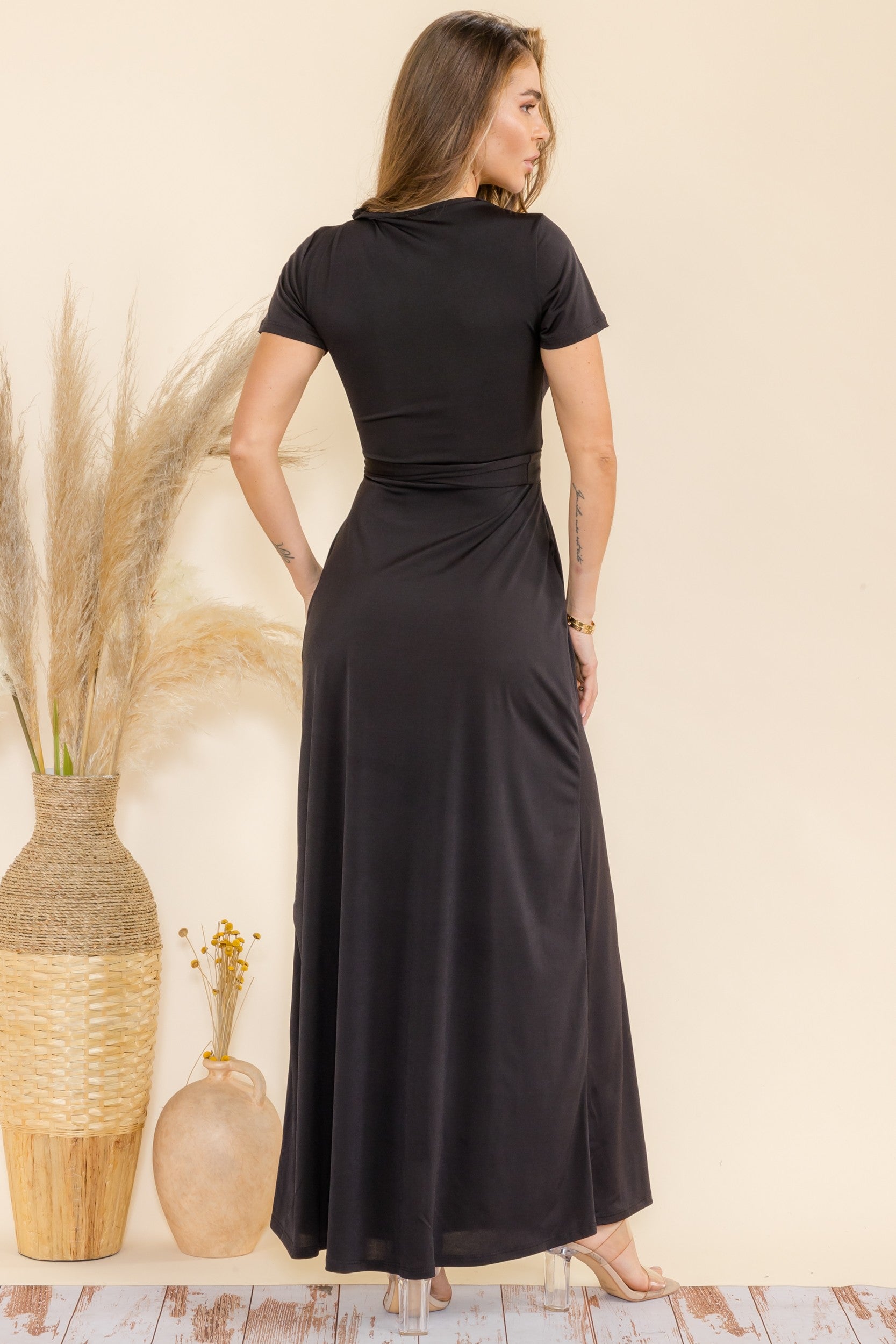SAN149BR-S - Faux Wrap Maxi Dress