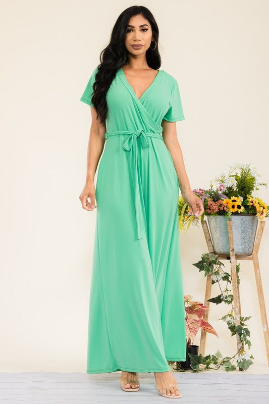 SAN149BX-S - Plus Faux Wrap Maxi Dress