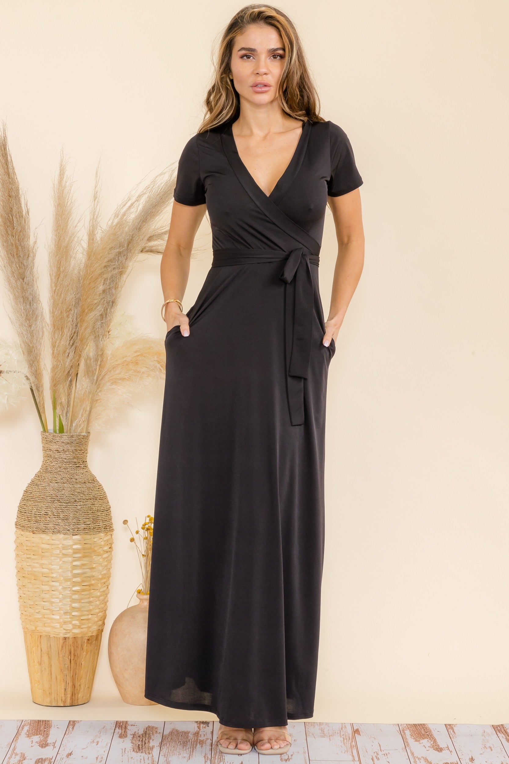 SAN149BR-S - Faux Wrap Maxi Dress