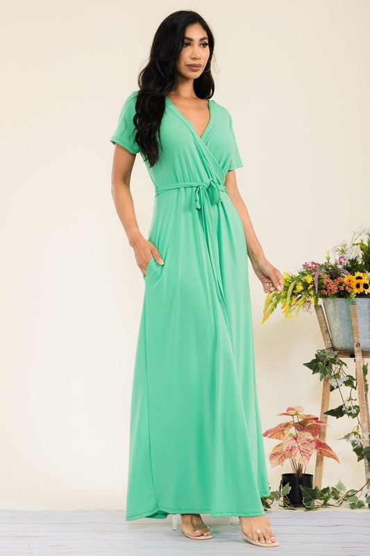 SAN149BR-S - Faux Wrap Maxi Dress