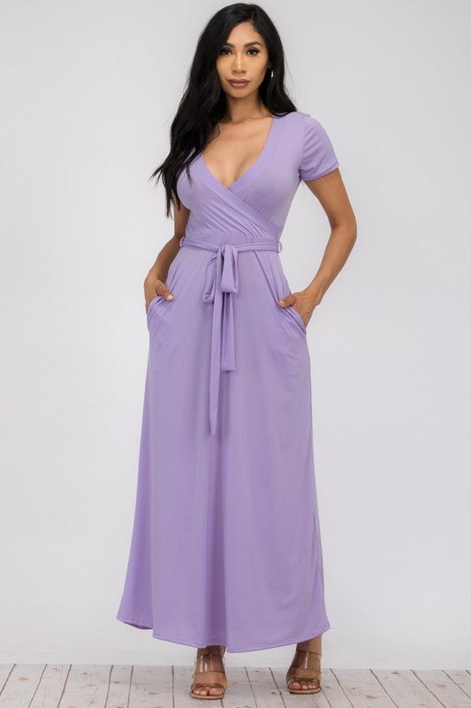 SAN149BX-S - Plus Faux Wrap Maxi Dress