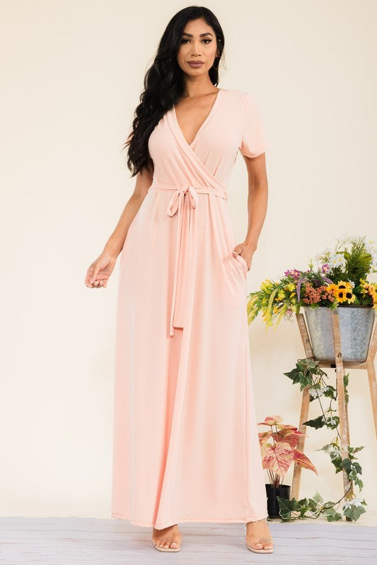 SAN149BX-S - Plus Faux Wrap Maxi Dress