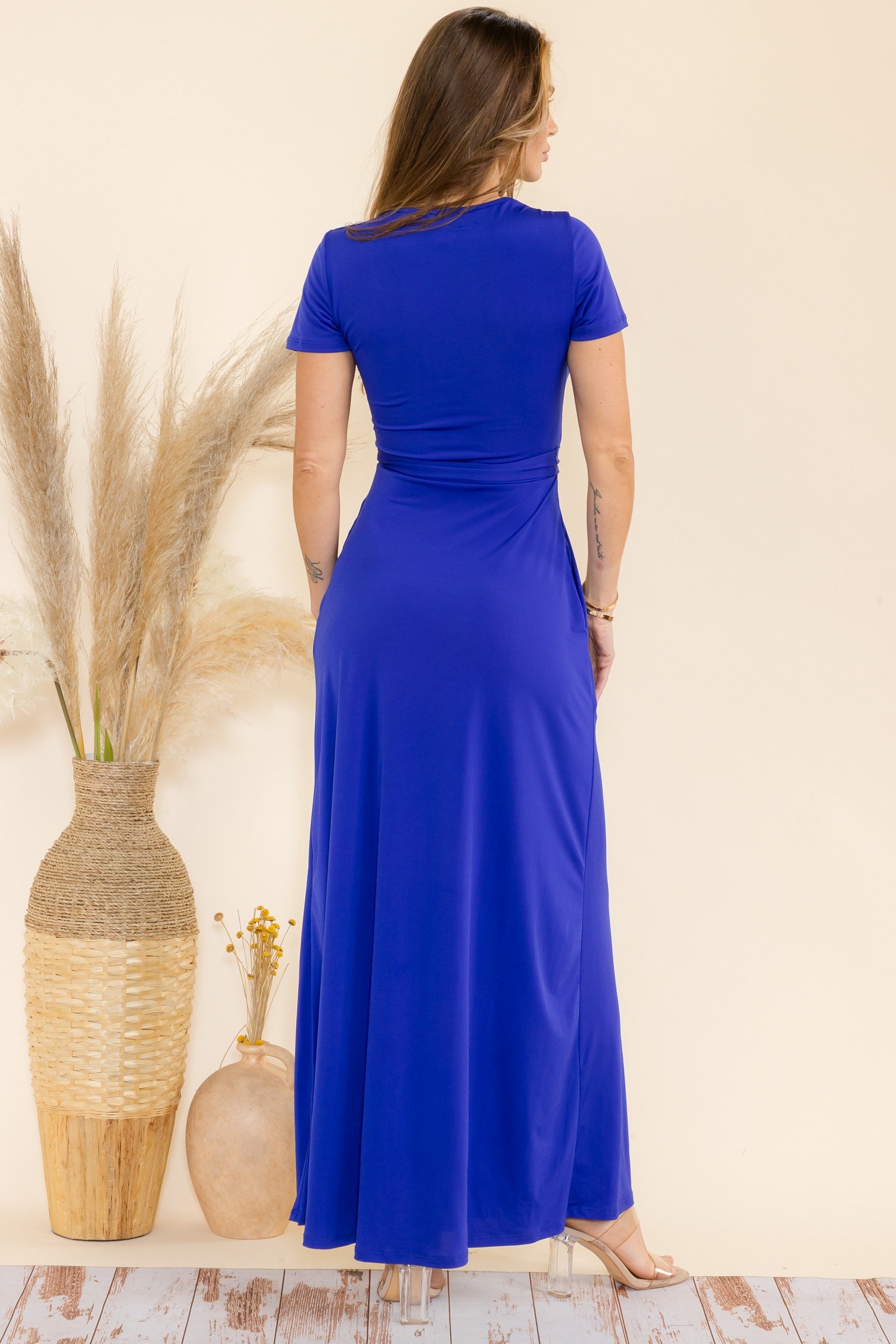 SAN149BR-S - Faux Wrap Maxi Dress