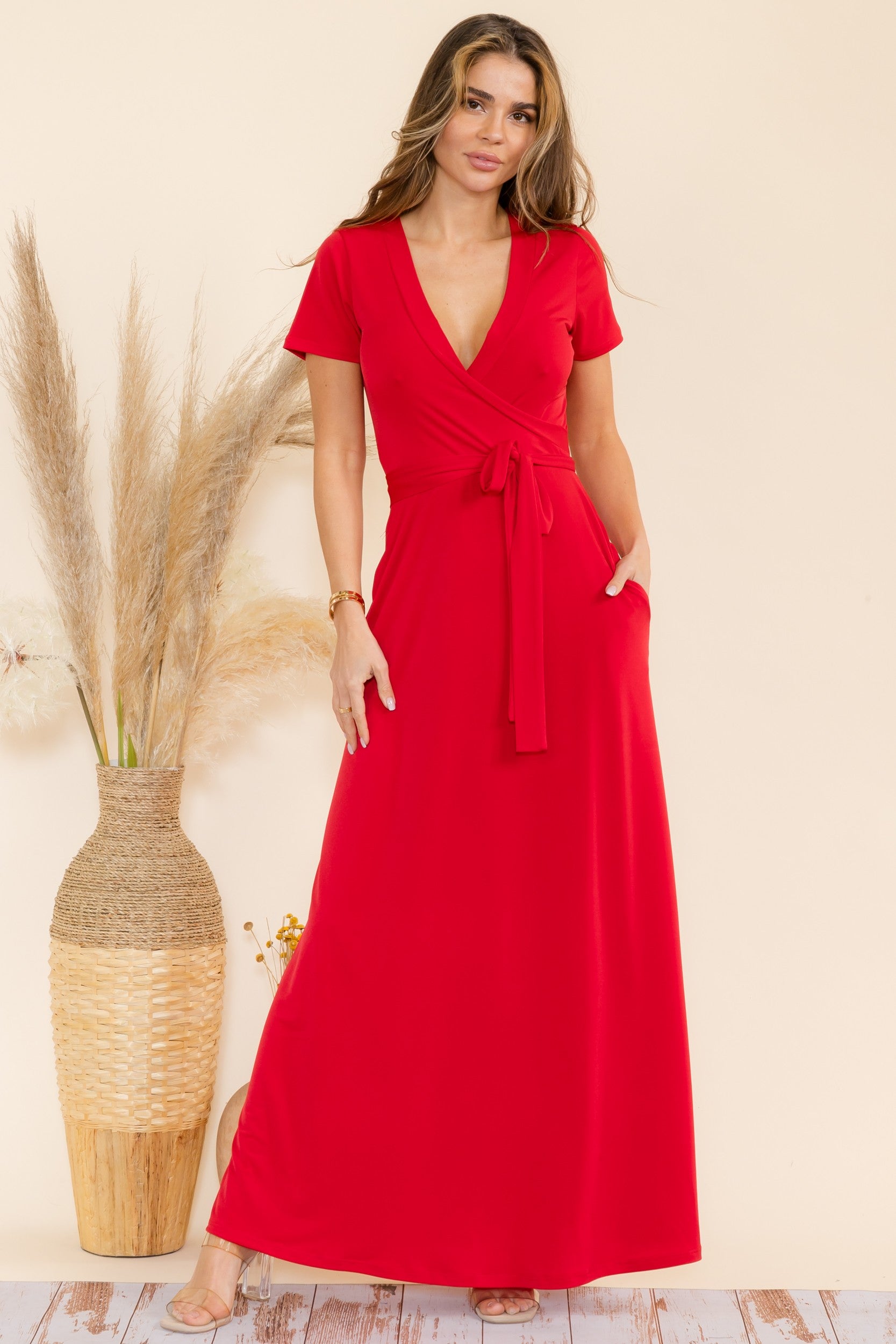 SAN149BR-S - Faux Wrap Maxi Dress