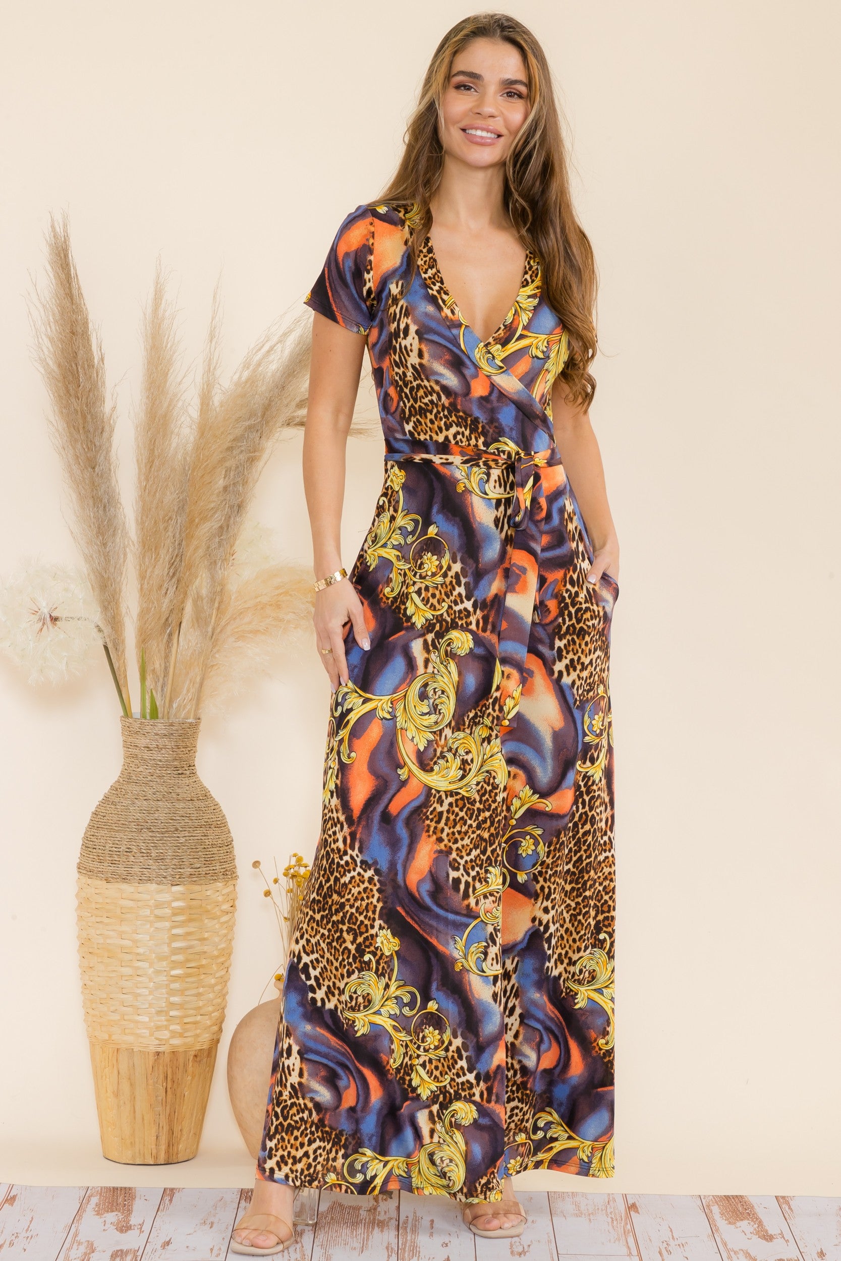 SAN149BR-P1 - Animal Faux Wrap Maxi Dress