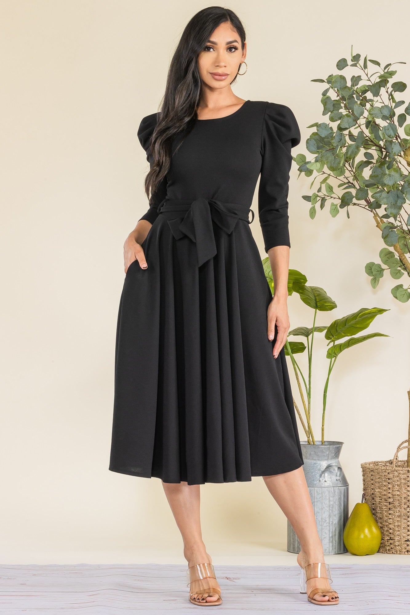 HH698X-LS-S1 Plus Size Puff Sleeve Midi A-Line Dress with Waist Tie