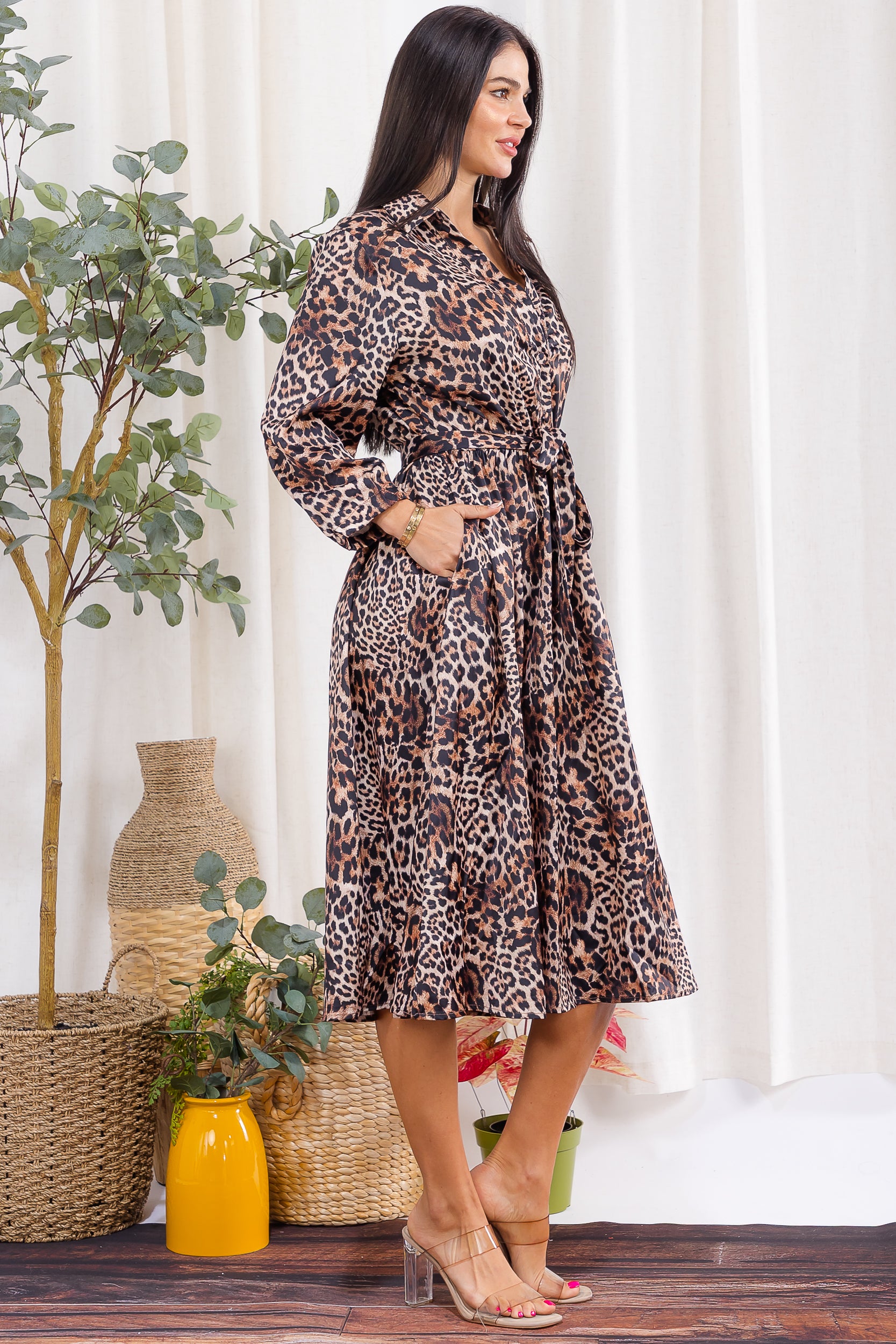 H003X-P Plus Size Printed Button-Down Belted Midi Dress