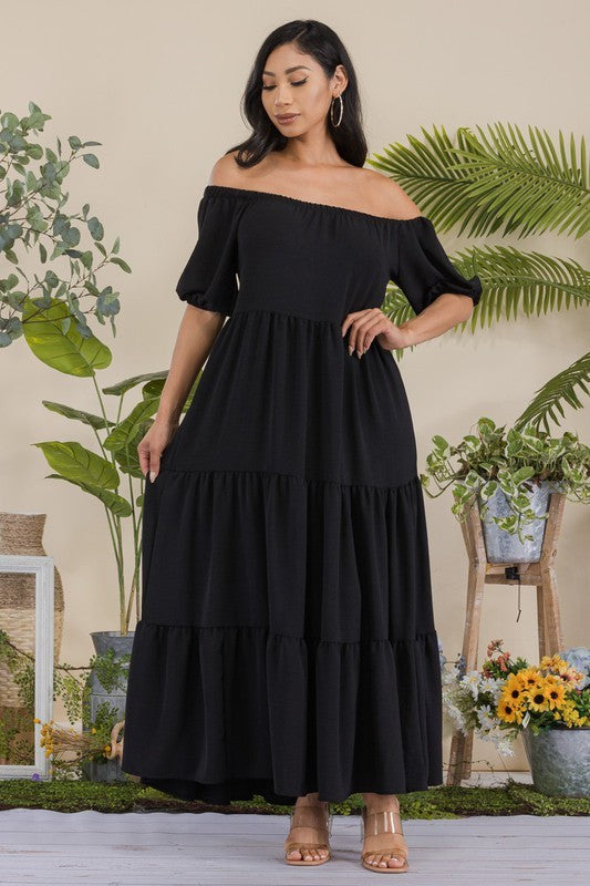 S25659 Off-Shoulder Tiered Maxi Dress