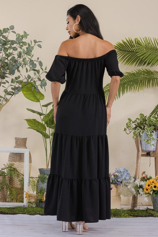 S25659 Off-Shoulder Tiered Maxi Dress