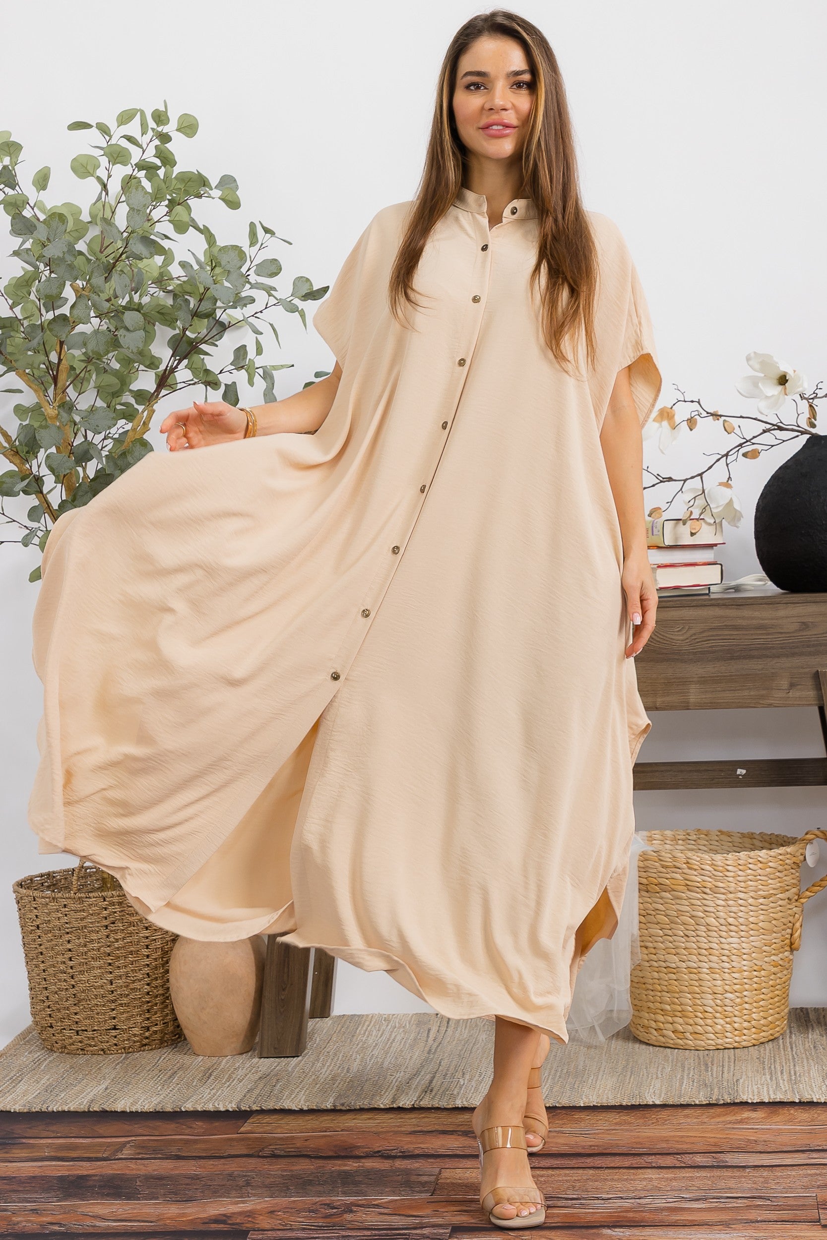 S25653-R Relaxed Button Front Oversized Maxi Dress