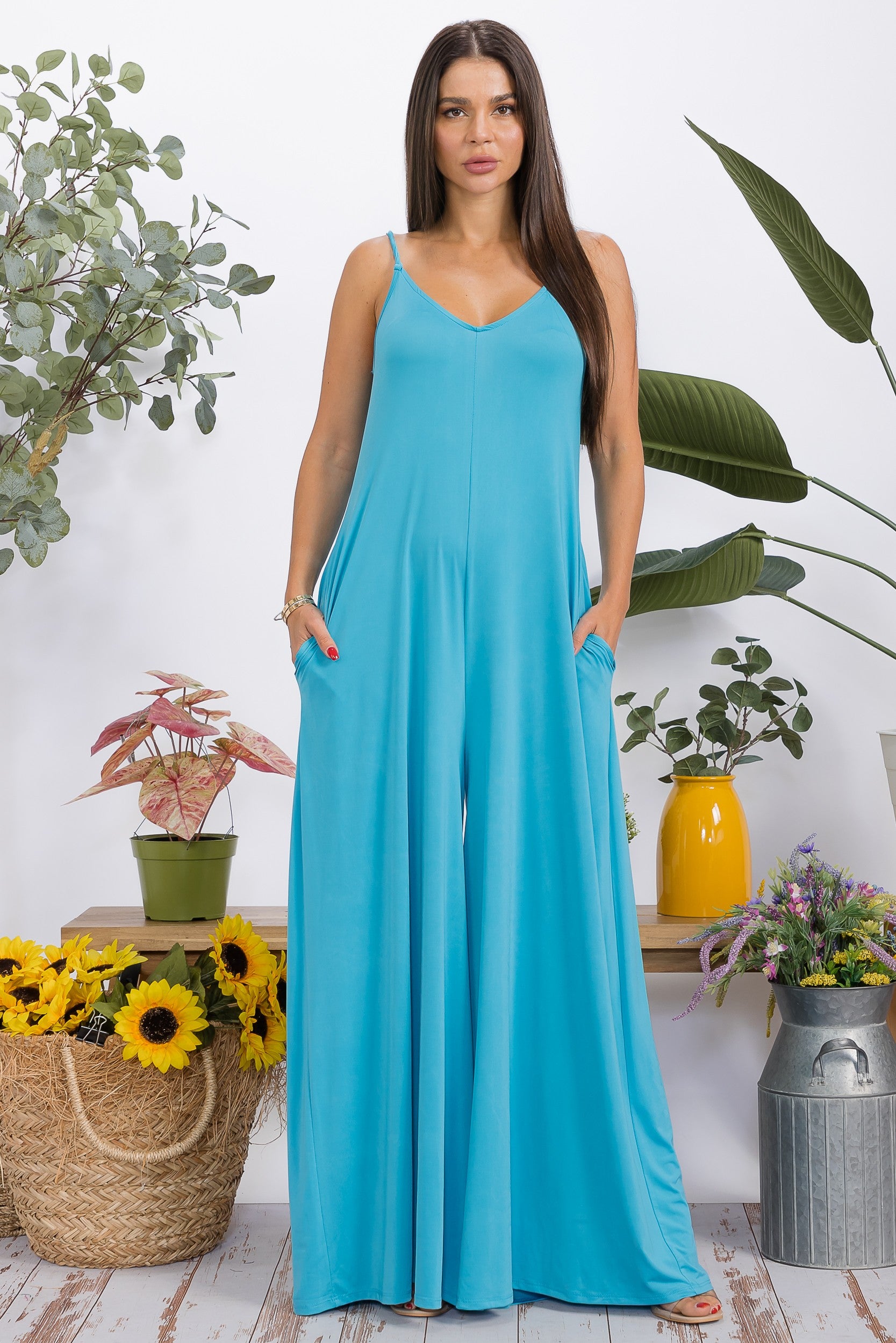 HH697R-S2 - Wide-Leg Spaghetti Strap Jumpsuit