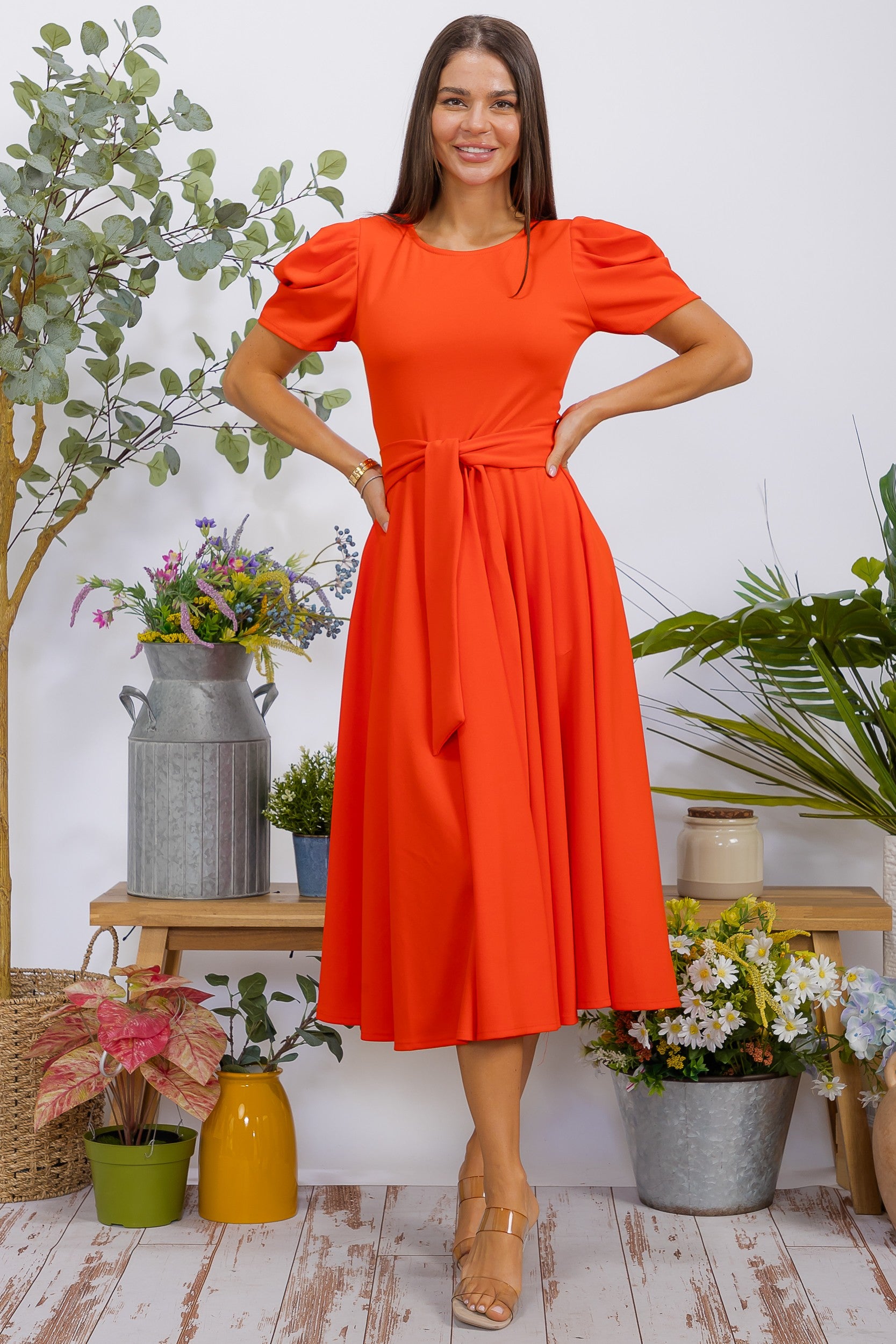 HH698BX-S1 Plus Size Puff Sleeve Midi Dress