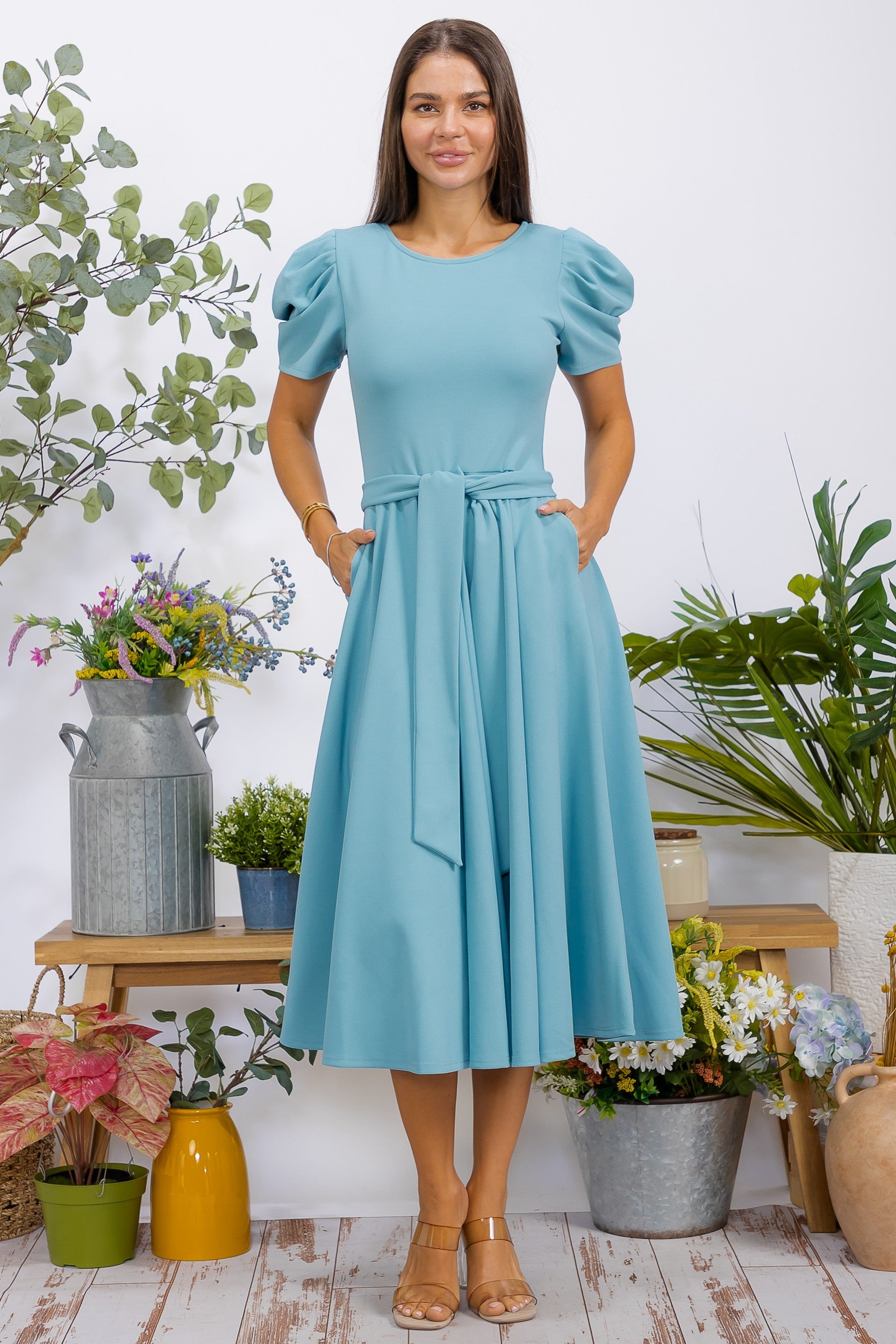 HH698BX-S1 Plus Size Puff Sleeve Midi Dress