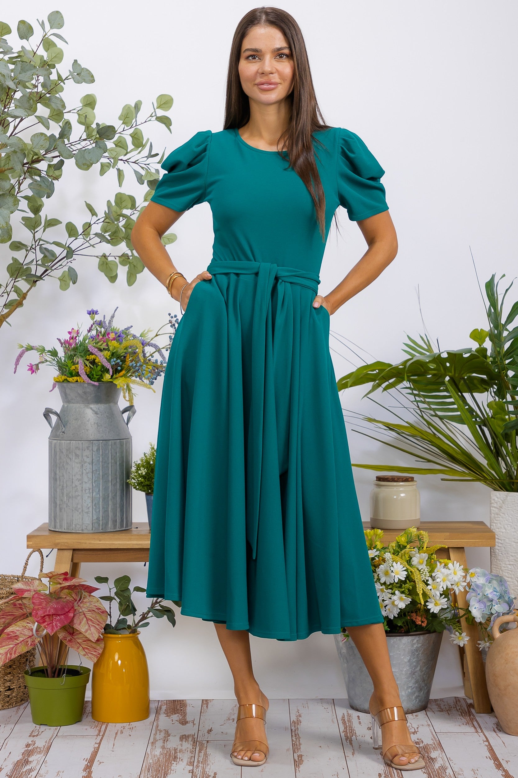 HH698BR-S1 Puff Sleeve Midi Dress
