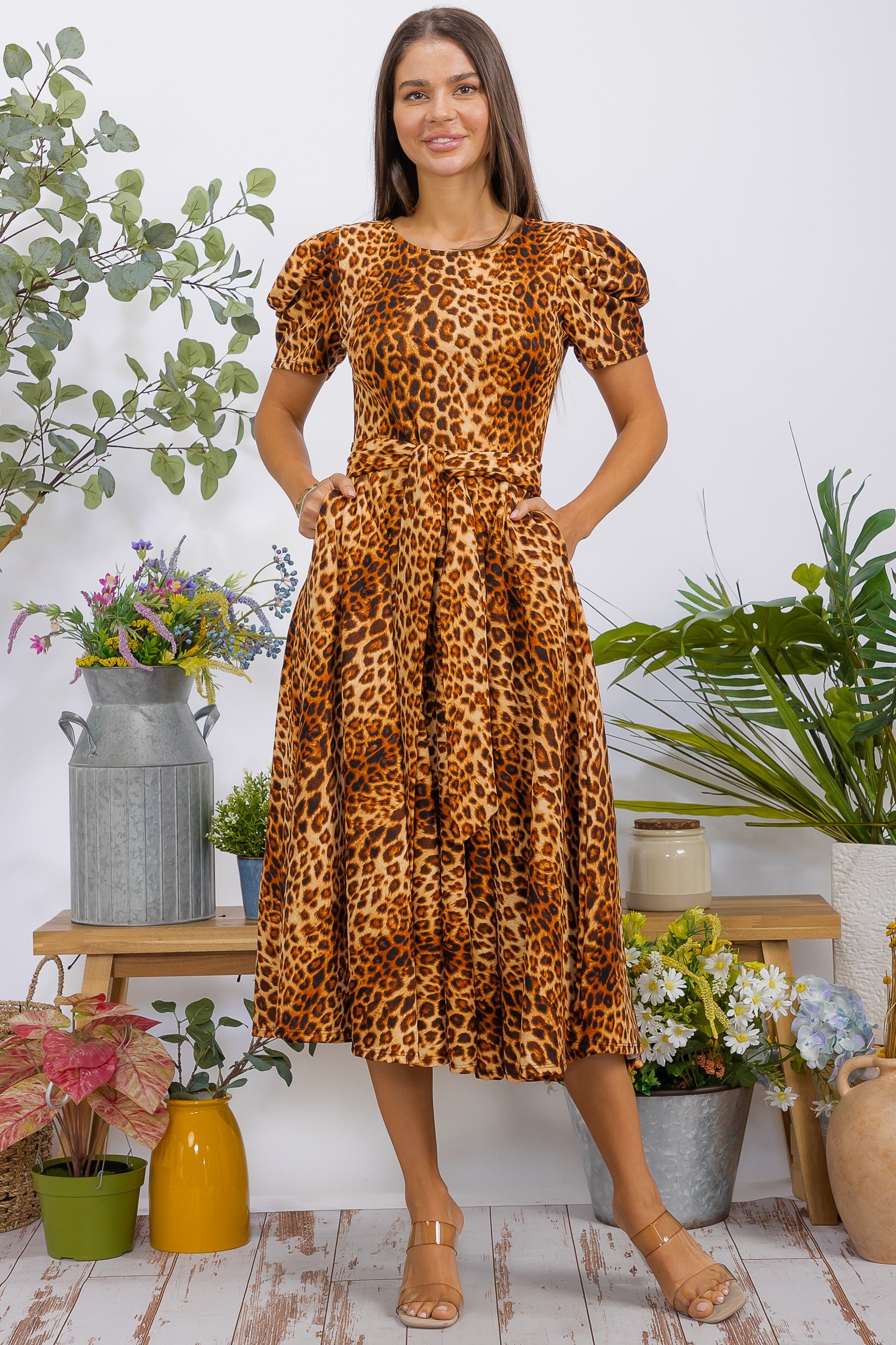 HH698BR-P  Puff Sleeve Midi Dress
