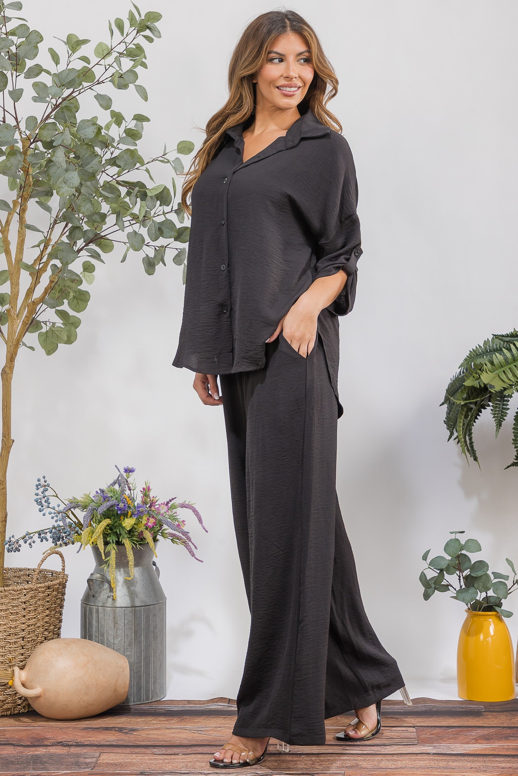 25106-X1 Plus Size Button-Up Shirt & Wide Leg Pants Set