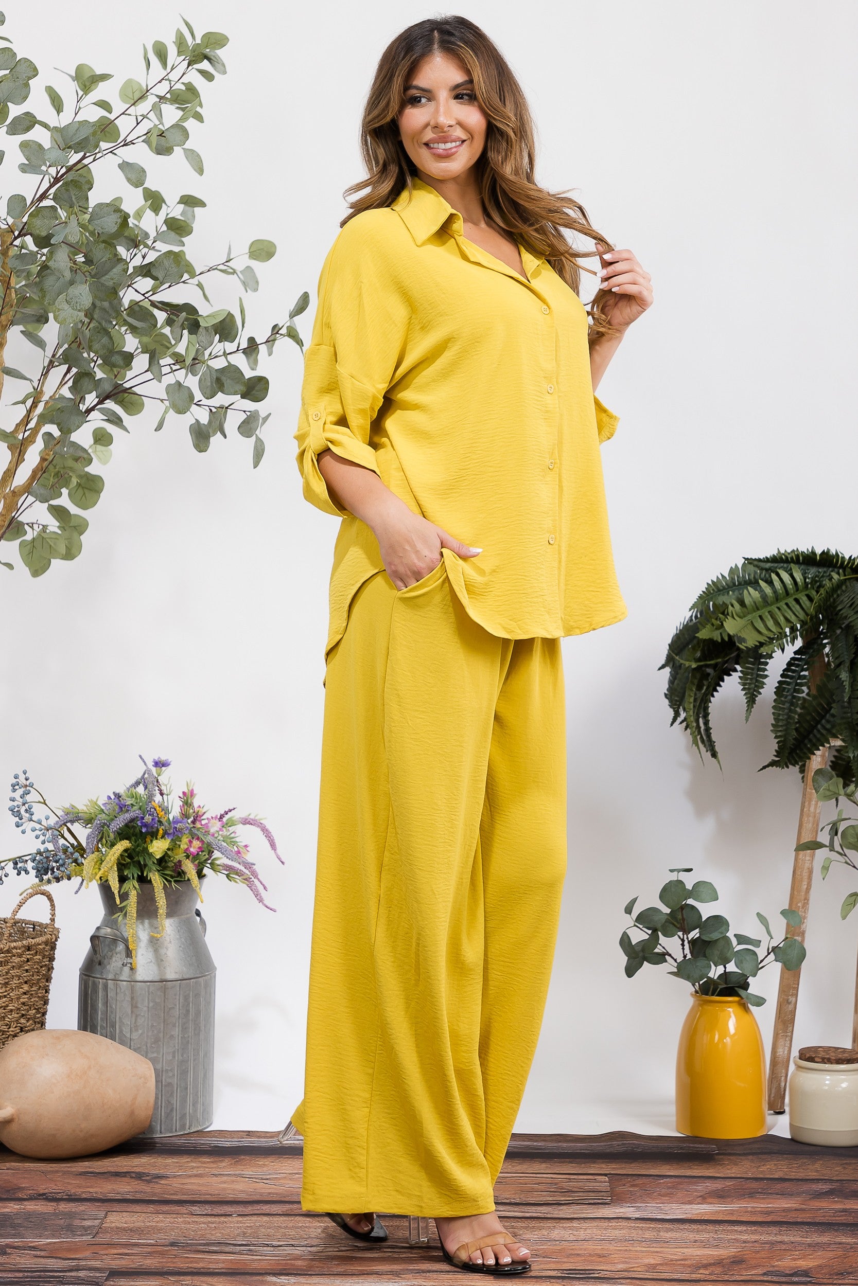 25106-X1 Plus Size Button-Up Shirt & Wide Leg Pants Set