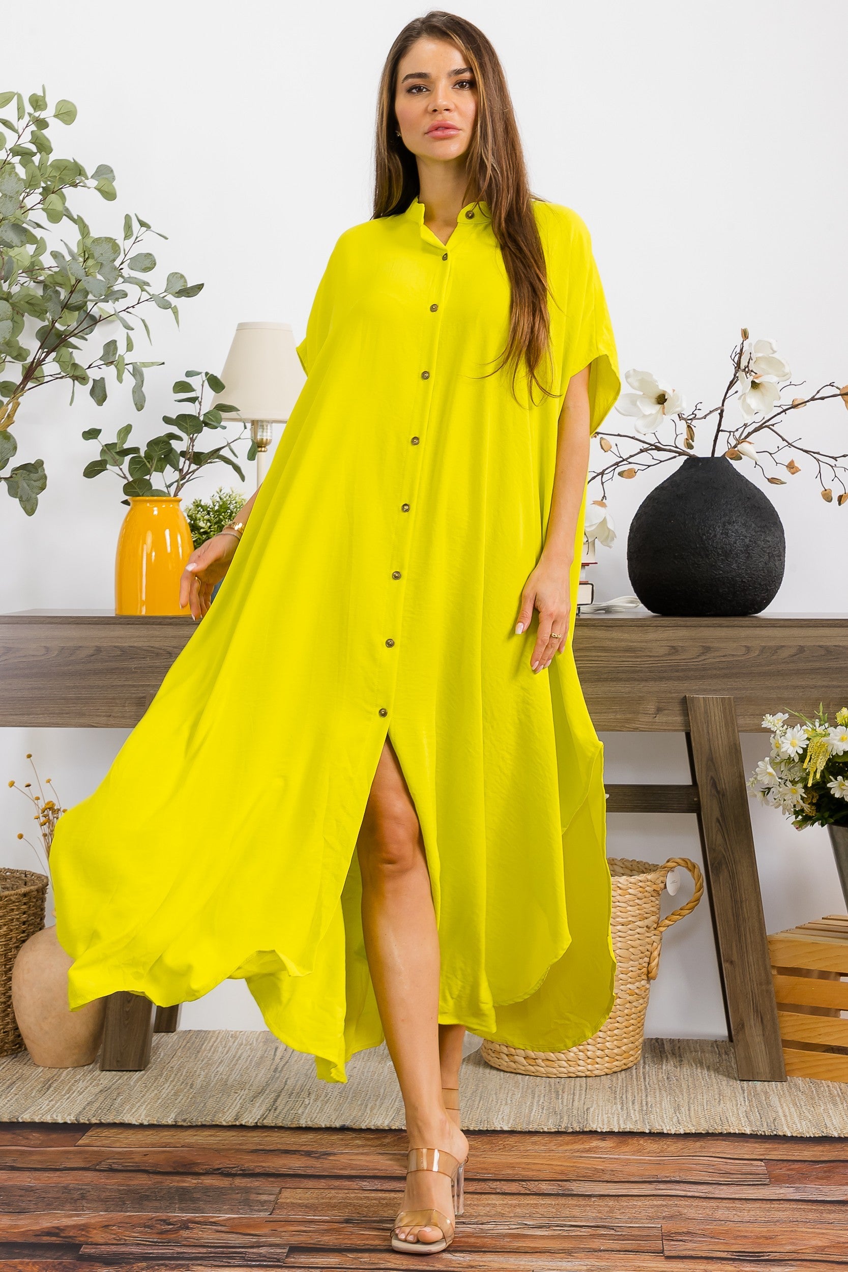 S25653-X Plus Size Relaxed Button Front Oversized Maxi Dress