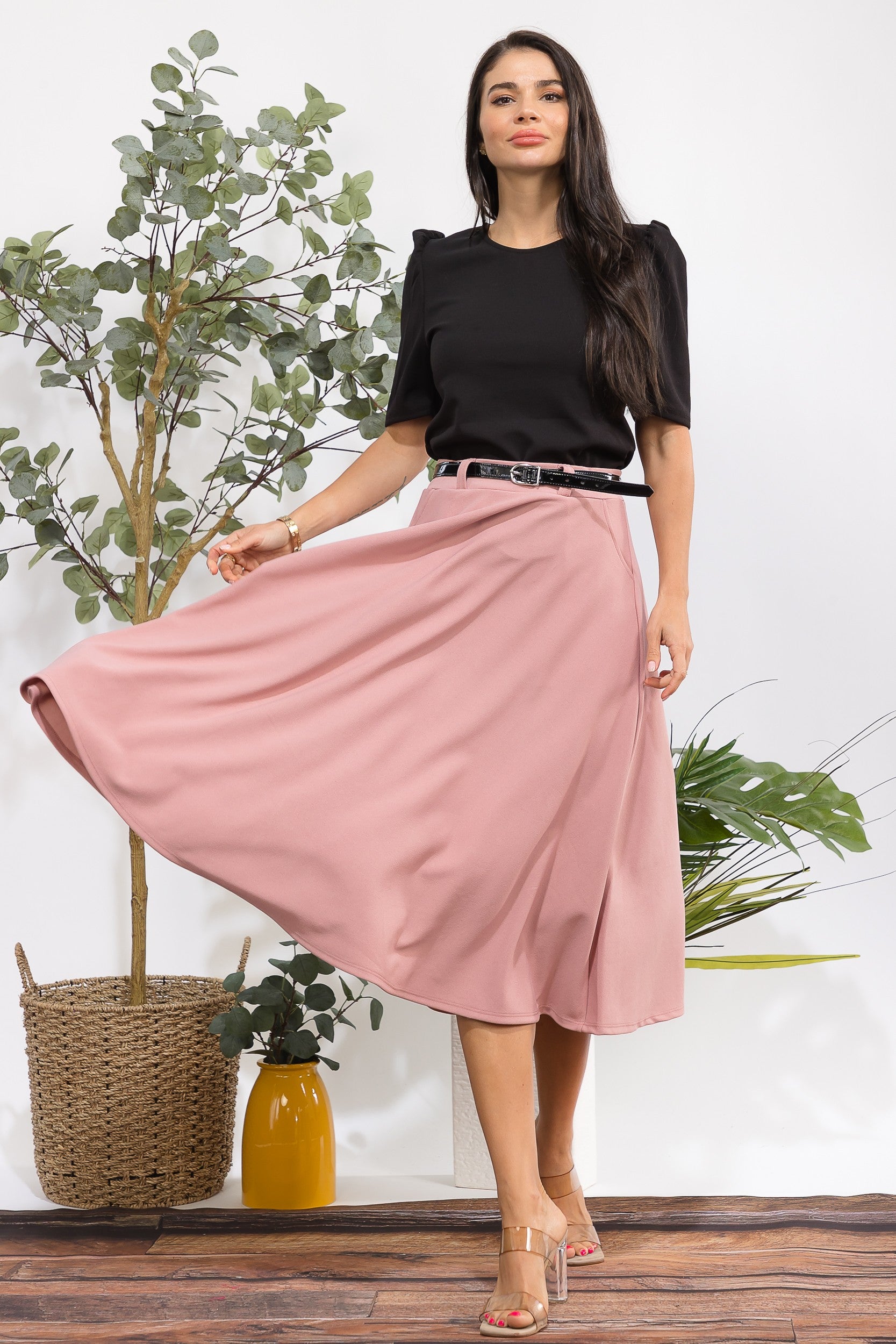 HH783X1-S Plus Size Midi Flare Skirt