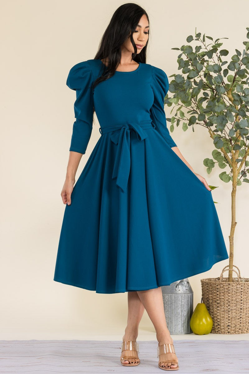 HH698X-LS-S2 Puff Sleeve Midi A-Line Dress with Waist Tie