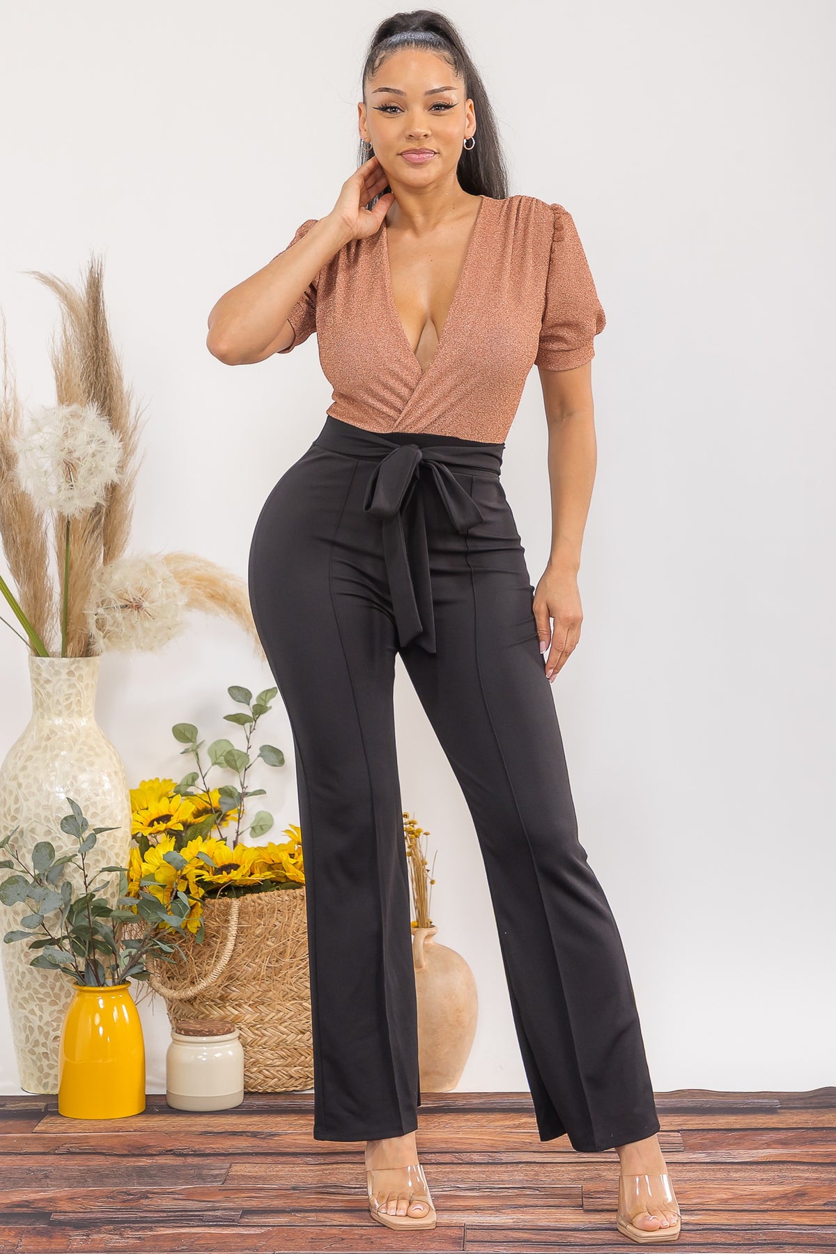HH739-C1-R - Elegant Deep-V Puff Sleeve Wide-Leg Jumpsuit