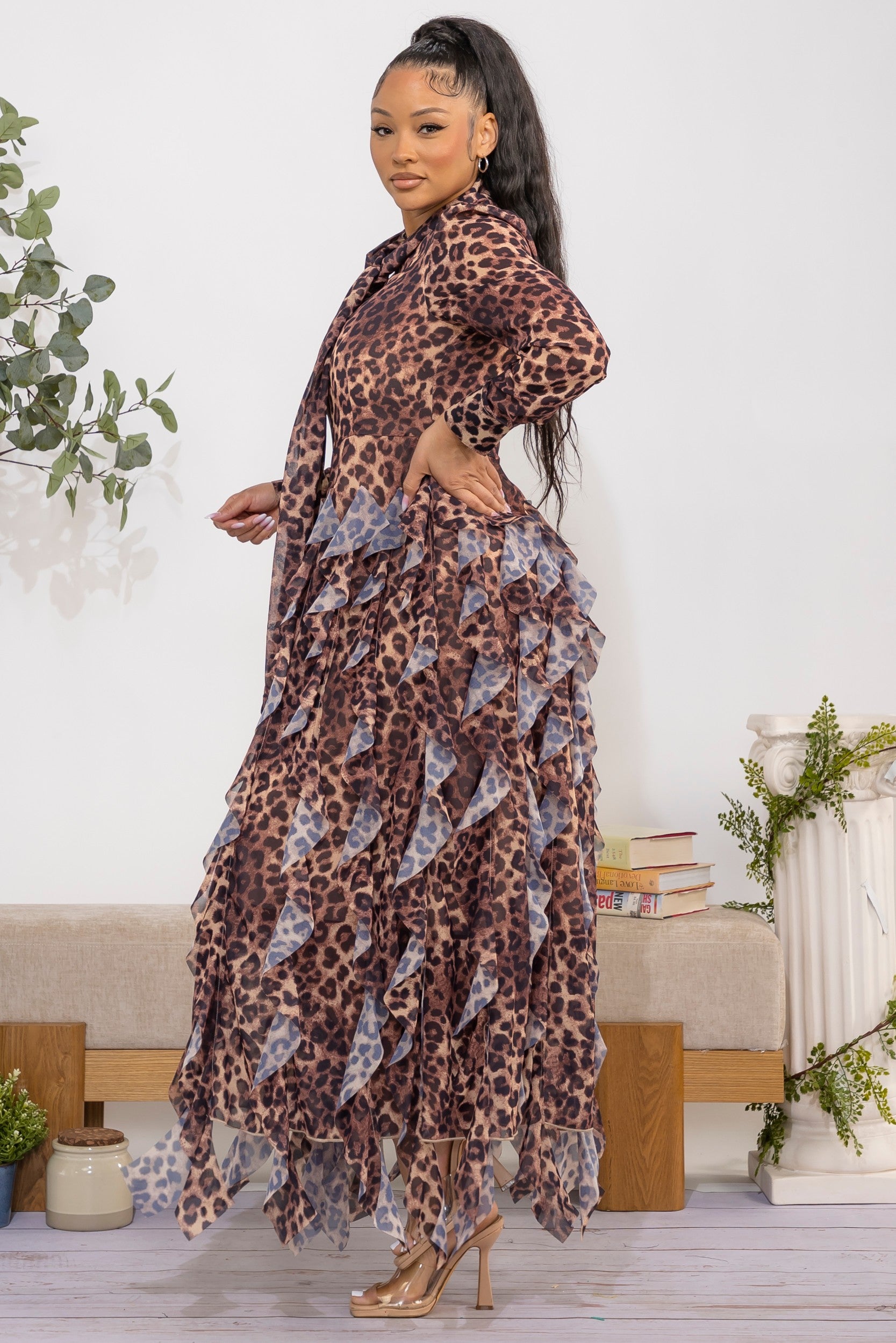 ZB131R-P - Animal Print Ruffled Maxi Dress