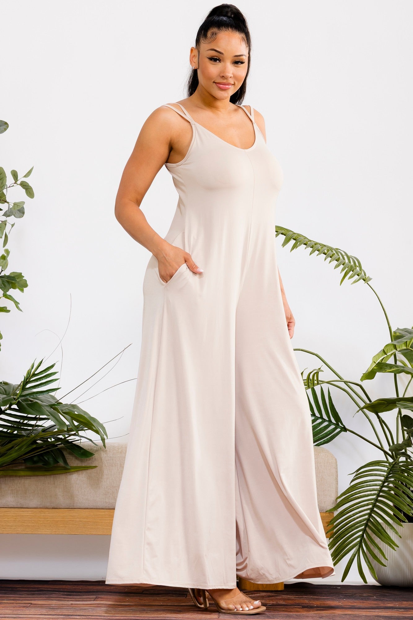 HH697R-S2 - Wide-Leg Spaghetti Strap Jumpsuit