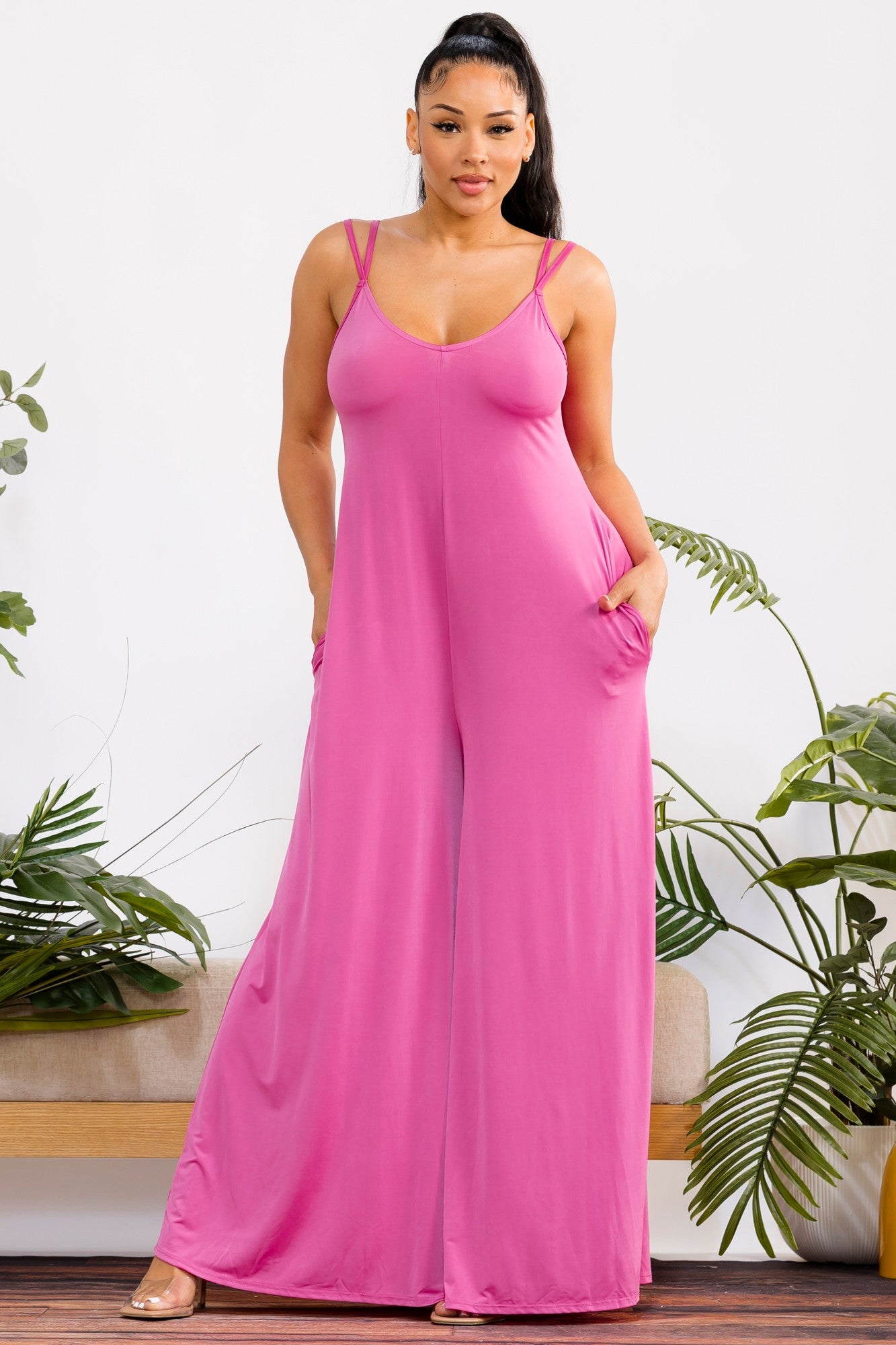 HH697X-S2 - Plus Size Wide-Leg Spaghetti Strap Jumpsuit