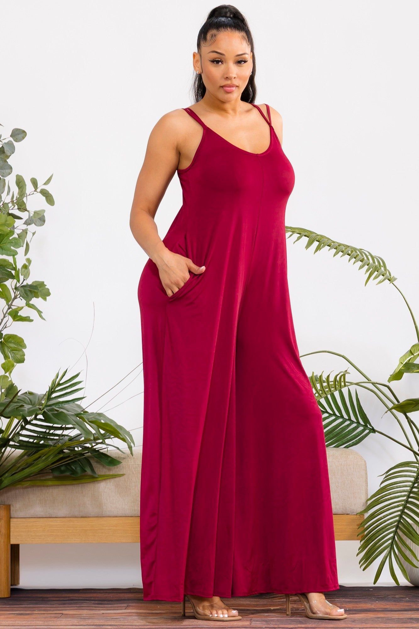 HH697X-S2 - Plus Size Wide-Leg Spaghetti Strap Jumpsuit