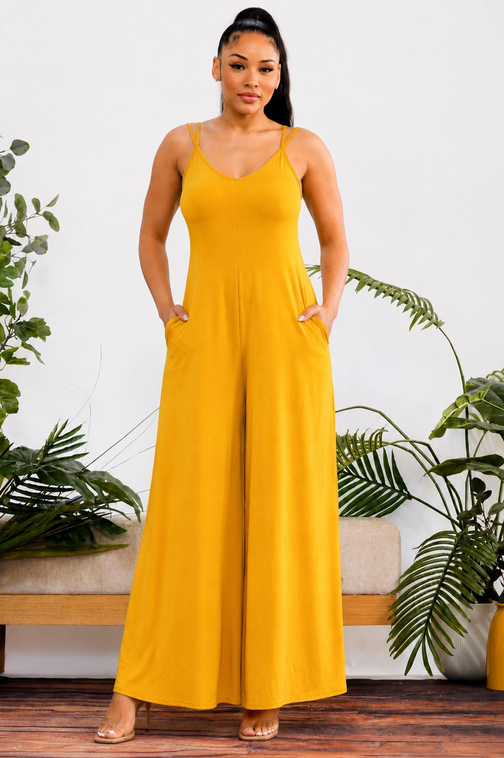 HH697X-S2 - Plus Size Wide-Leg Spaghetti Strap Jumpsuit