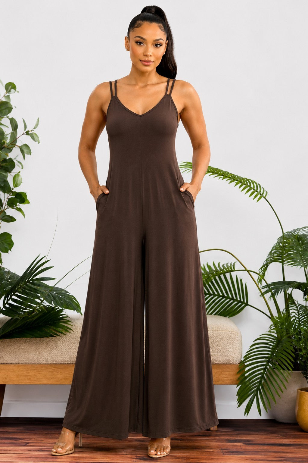 HH697X-S2 - Plus Size Wide-Leg Spaghetti Strap Jumpsuit
