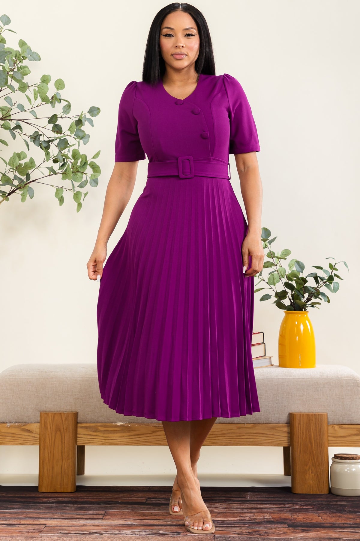 ZBD146-X - Plus Size Pleated Belted Button Detail Midi Dress