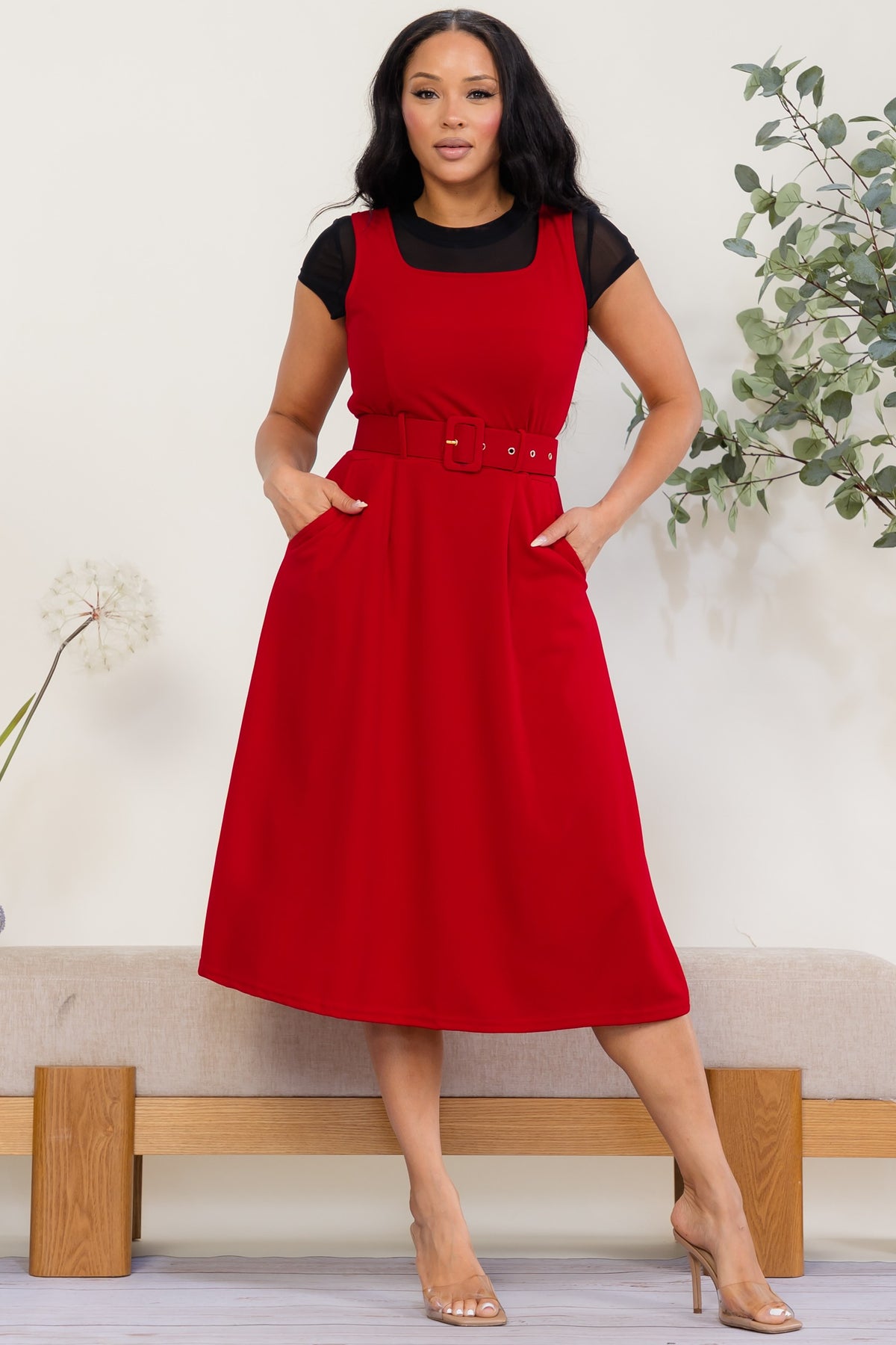 SD2780-R - Square Neck Belted A-Line Midi Dress