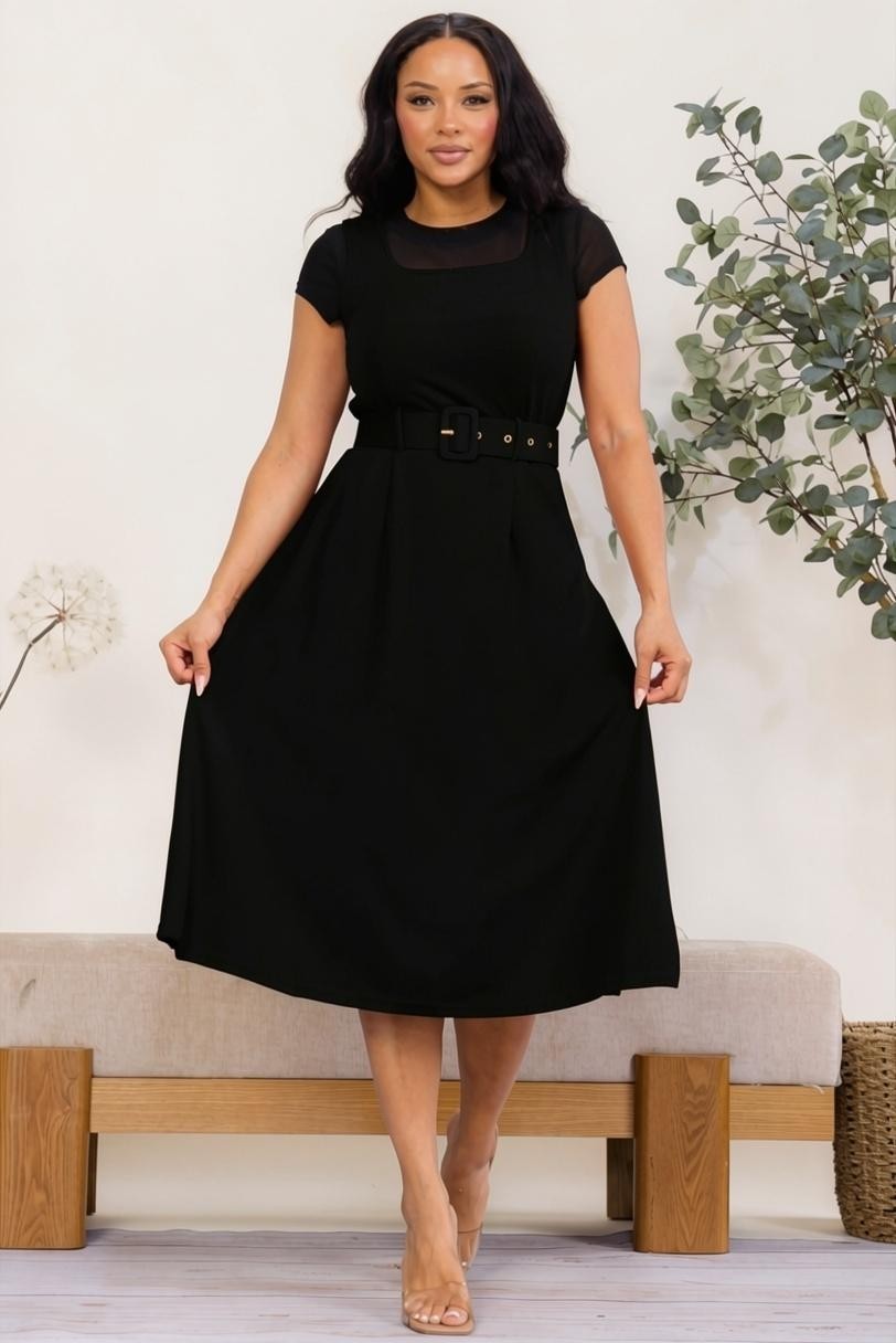 SD2780-X - Plus Size Square Neck Belted A-Line Midi Dress