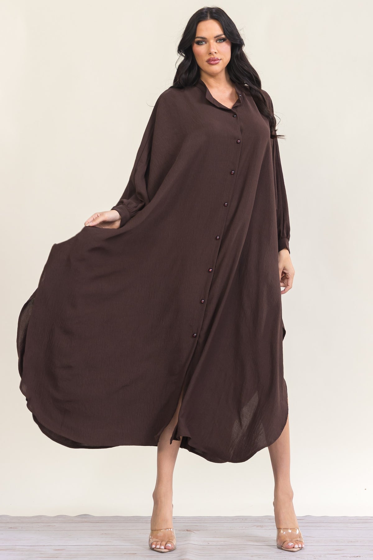 RHD130X-S - Plus Size Oversized Button-Down Flowy Maxi Dress